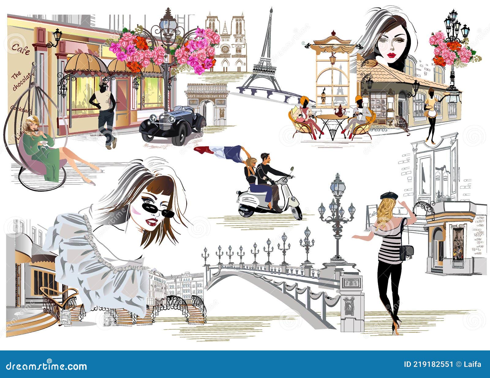 set of paris s with fashion girls, cafes and sights.